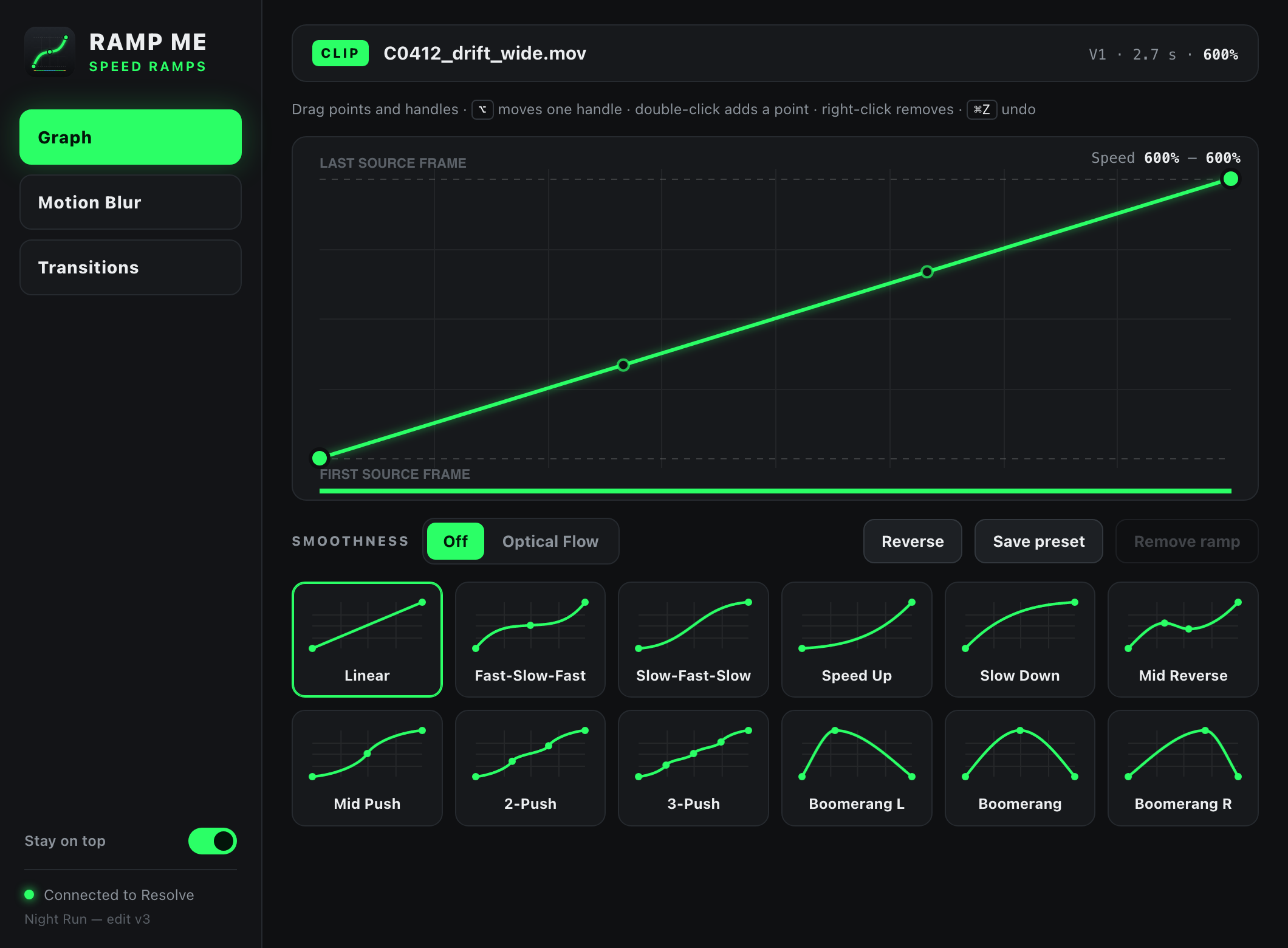 Ramp Me graph editor with the Fast-Slow-Fast preset applied